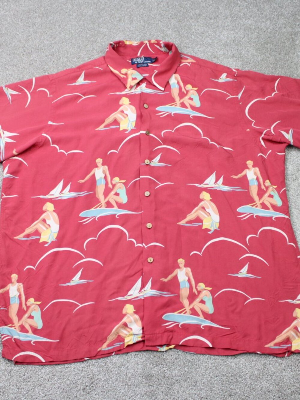 POLO Ralph Lauren Vintage Camp Shirt Mens 2XL Pink Surfing AOP Short Sleeve Y2K